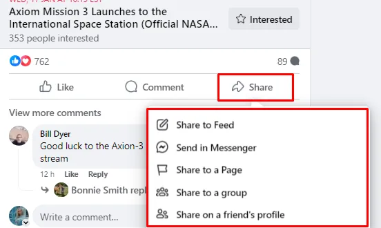 Facebook post different share options