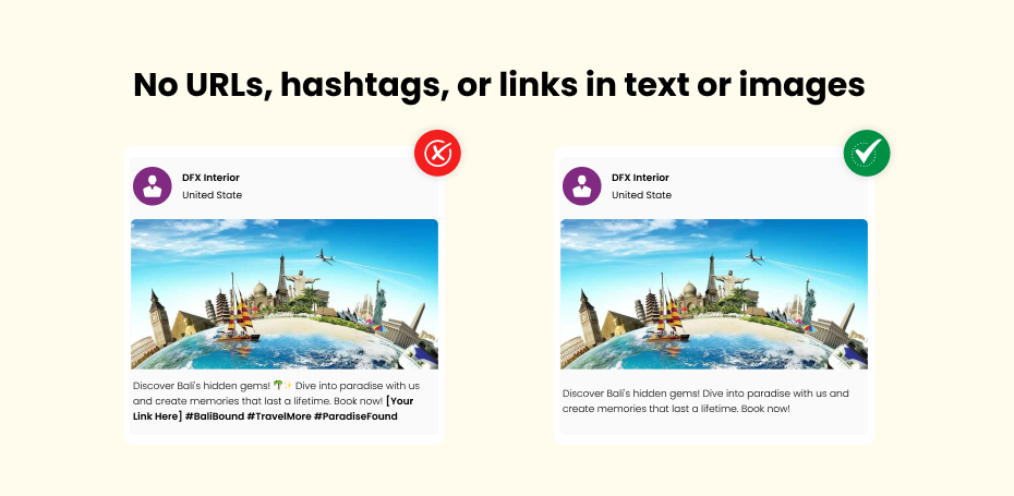 No URLs, hashtags, or links in text or images