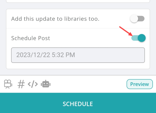 Tap on the Schedule post button to turn on schedule post toggle