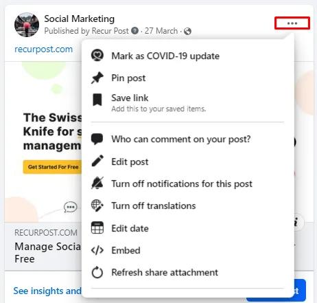click on the three dots to delete post