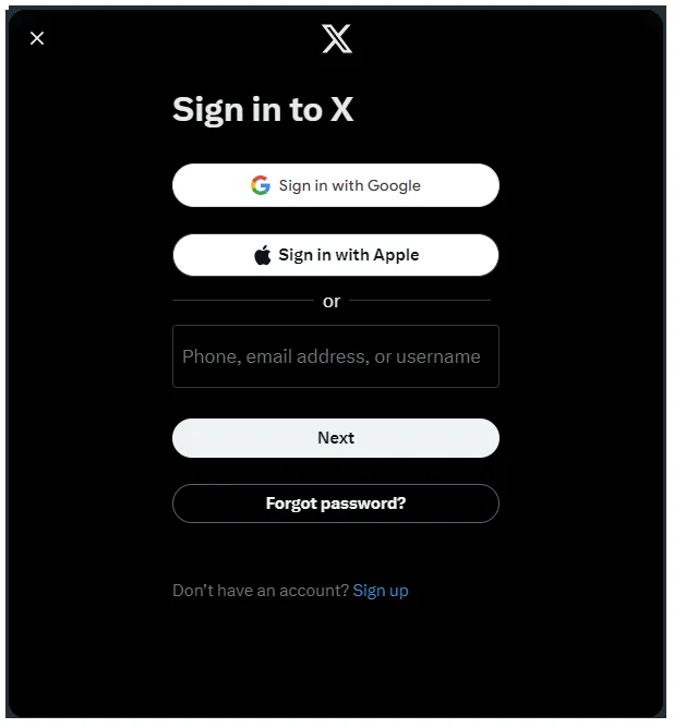 twitter login screen