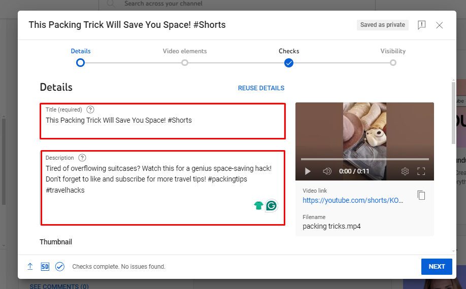 Add Video Details of your YouTube Shorts