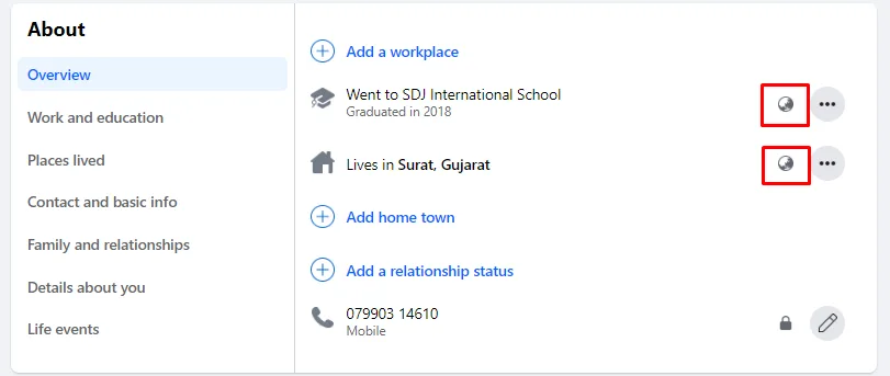 About section on Facebook Profile
