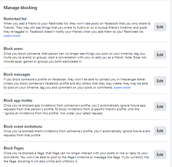 Manage blocking on Facebook