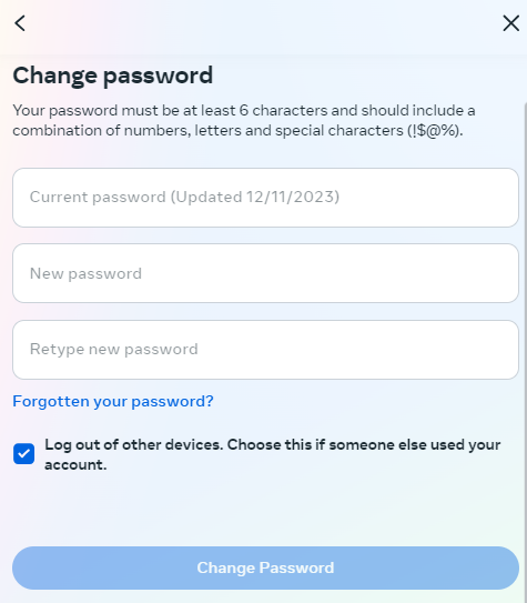 Change password of Facebook