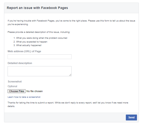 Report an issue for Facebook Deleted Page