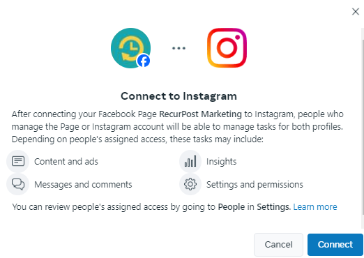 follow the prompts to connect meta to instagram