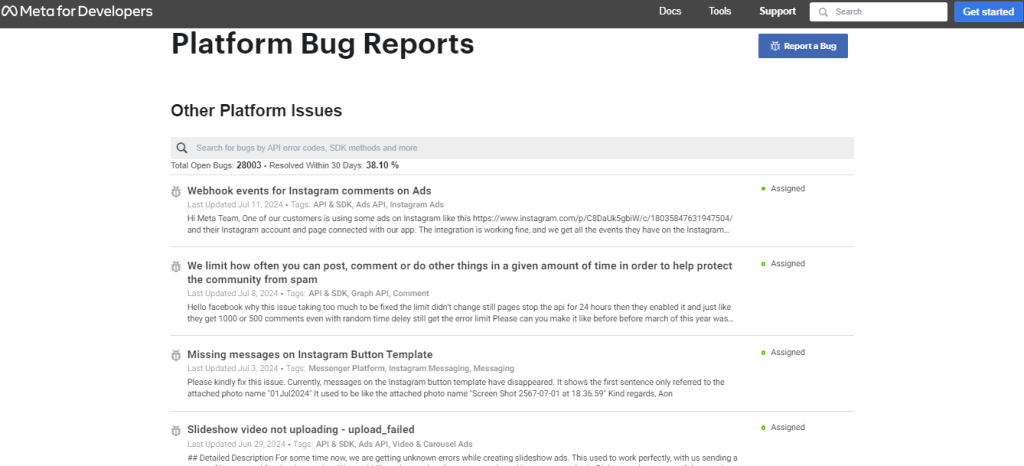 meta platform bug report