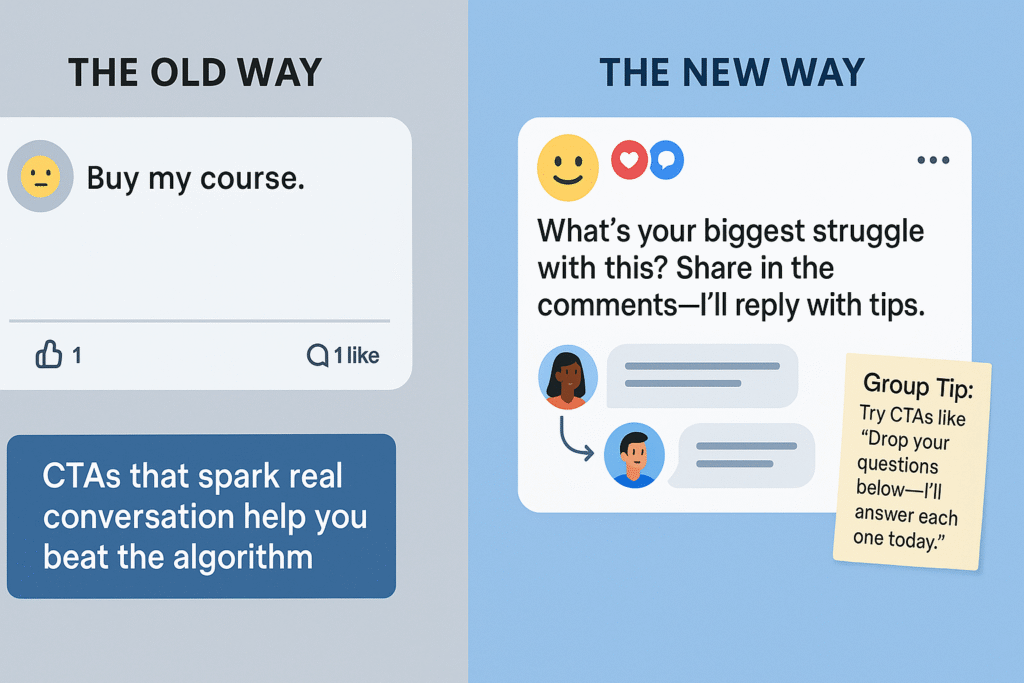 A visually engaging image to illustrate the concept that Facebook’s algorithm in 2025 rewards conversation and engagement over likes and passive interaction.Visual Composition (Split-Panel or Single-Scene Illustration):Left Panel (The Old Way – Passive CTA):A flat, dull Facebook-style post with a call-to-action like:“Buy my course.”Faint reaction icons (1 like), no comment bubble, minimal engagementBackground color: gray or muted blueEmoji: ðRight Panel (The New Way – Conversational CTA):A modern, vibrant Facebook-style post with:“What’s your biggest struggle with this? Share in the comments—I’ll reply with tips.”Comment icons, reply arrows, user avatars in conversationSmall GIF or custom suggestion bubbleBackground color: light blue or warm Facebook gradientEmoji: ðð¬ð¥Callout box:“CTAs that spark real conversation help you beat the algorithm.”Bonus Element (small sticky-note or box in corner):“Group Tip: Try CTAs like ‘Drop your questions below—I’ll answer each one today.’”Style & Branding:Use a Facebook UI mockup or simulated mobile frameRounded edges, clean flat icons, realistic reactionsFont style: clean, social-media friendly sans-serif (like Helvetica or Poppins)Add Facebook-native icons: ð¬ (comments), ð (replies), ❤️ð (reactions)Format:Landscape (1200x675px) for web/blog useMinimal, professional, blog-friendly design with a conversational vibe