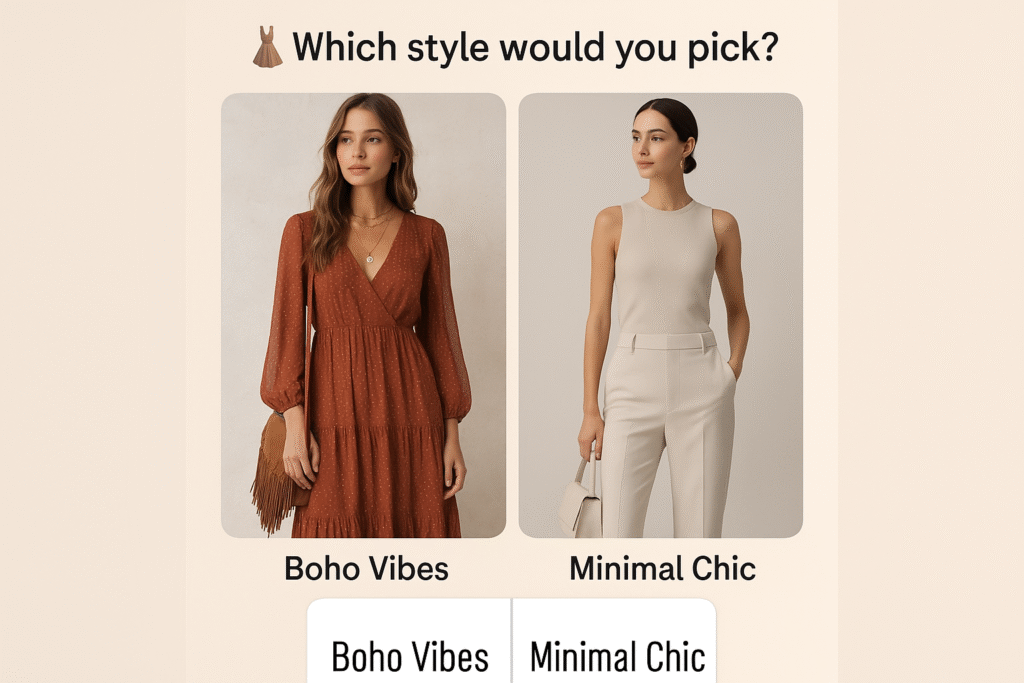  an Instagram Story-style image with a soft, stylish aesthetic. The layout should include:A split-screen visual with two fashion outfits side by side:Left side: A Boho Vibes outfit (flowy dress, earthy tones, fringe or layered accessories).Right side: A Minimal Chic outfit (neutral palette, sleek silhouette, clean lines, minimal accessories).Add a casual title text at the top:
“ð Which style would you pick?”
(Use a playful, modern Instagram font.)Below the images, include a poll sticker design with two options:▫️ Boho Vibes▫️ Minimal Chic
the background soft and clean (light beige or muted pastel gradient) to keep the outfits in focus.
