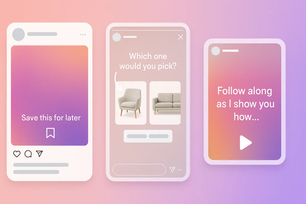 A clean, professional visual suitable for a blog section discussing Instagram CTA strategy as part of a larger article on platform-specific CTA examples.Visual Composition:A mockup or collage showcasing three Instagram content types with embedded CTA elements:A Feed post preview with an arrow pointing toward the profile image and caption overlay:
“Save this for later”An Instagram Story frame with a poll sticker saying:
“Which one would you pick?”
(Use two visual options side-by-side to simulate a poll)A Reels thumbnail with a subtle text overlay:
“Follow along as I show you how…”platform-native graphic cues like:ð¾ Save iconð Poll sliderð¬ Reel play iconDirectional arrows and story UI elementsColor & Style:
Soft Instagram-like gradient background (pink–orange–purple tones), minimal layout, rounded edges, subtle shadows. Use mobile-style frames to simulate actual post views.
