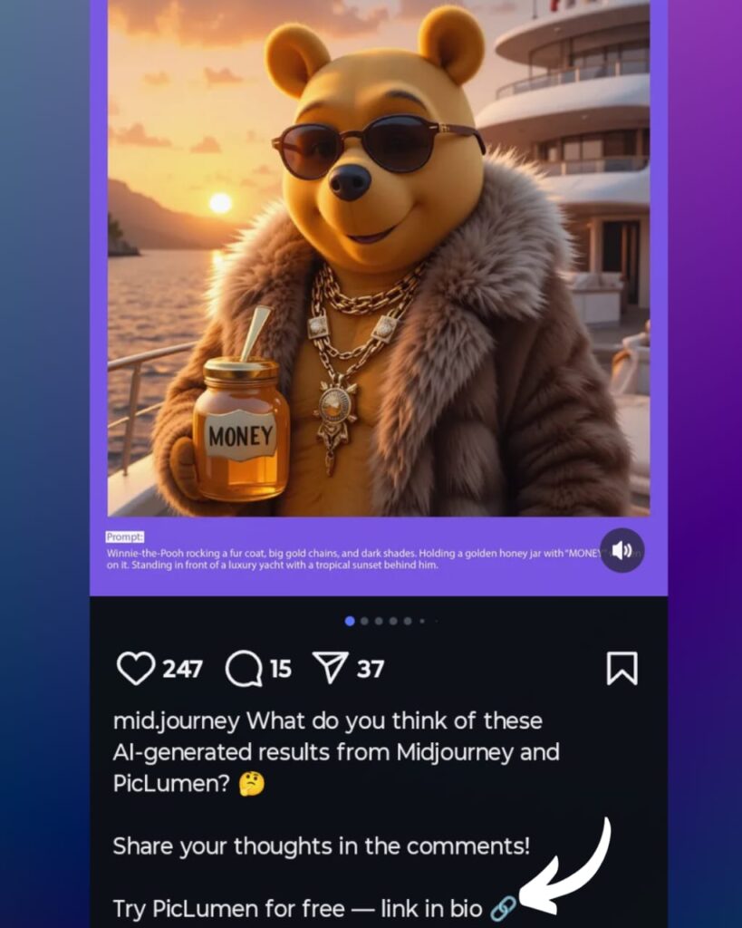 A screenshot of Midjourney’s Instagram post featuring a 10-image carousel that showcases various AI-generated avatars of Piclumen. In the caption, they encourage followers to create their own similar avatars, using “Link in bio” as the social media Call-To-Action.
