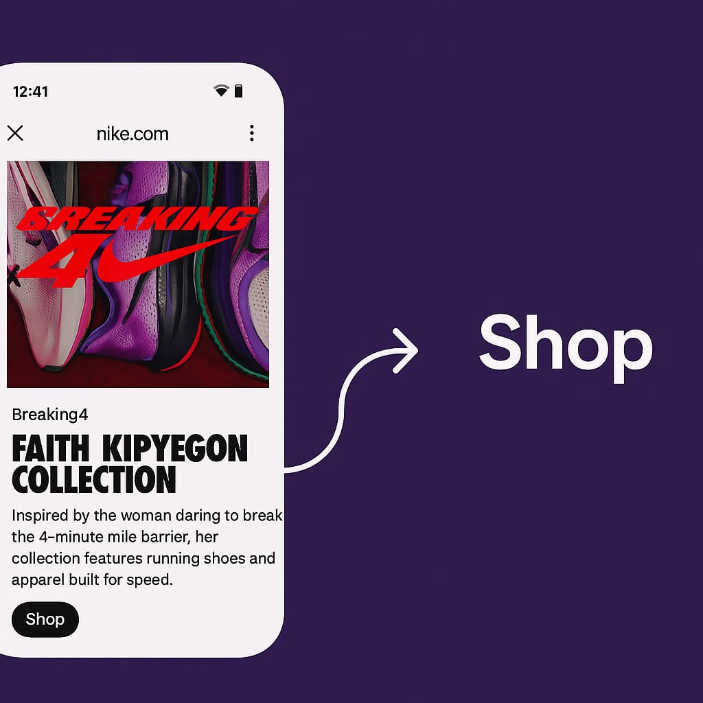 A screenshot of Nike’s website featuring a product display with a prominent 'Shop' call-to-action button, highlighted with an arrow. The background is purple to draw attention to the CTA.