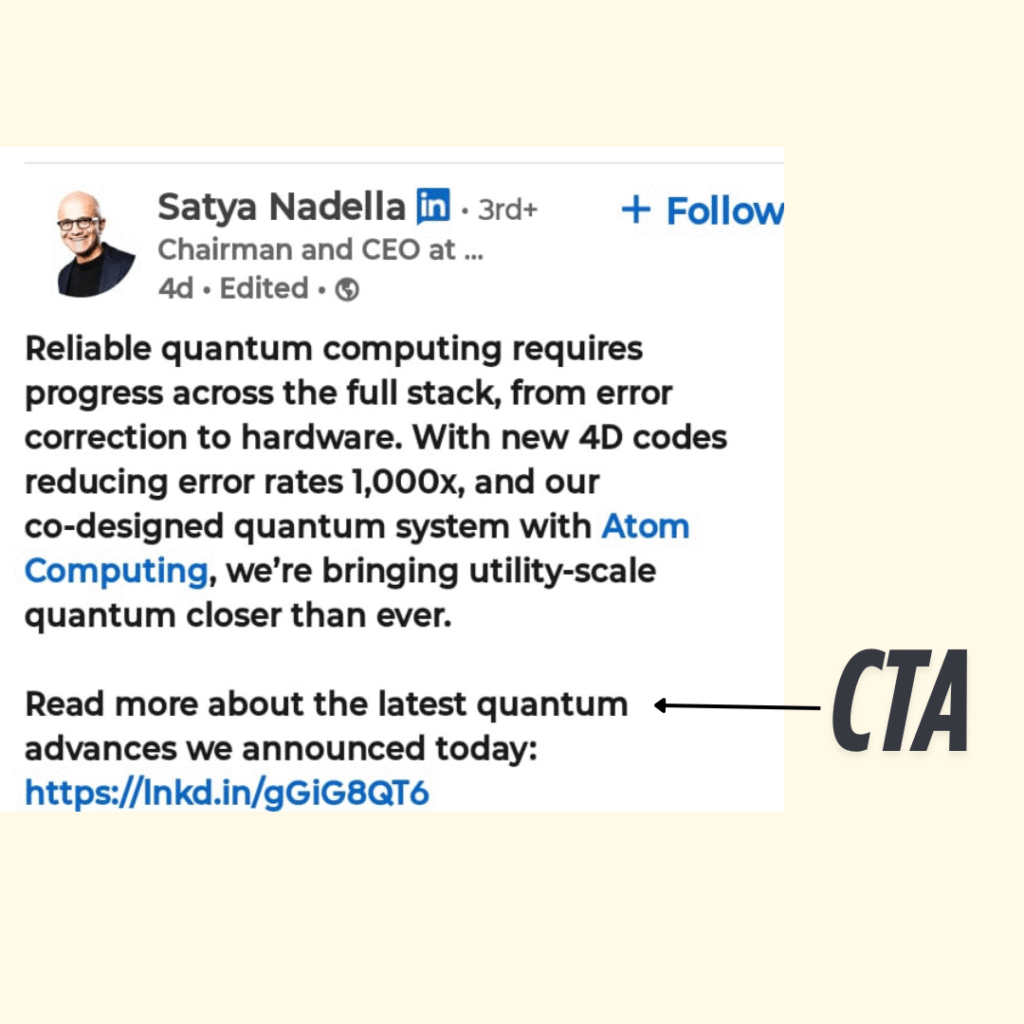 Screenshot of satya nadela linkedin post with Call-To-Action with cream color background