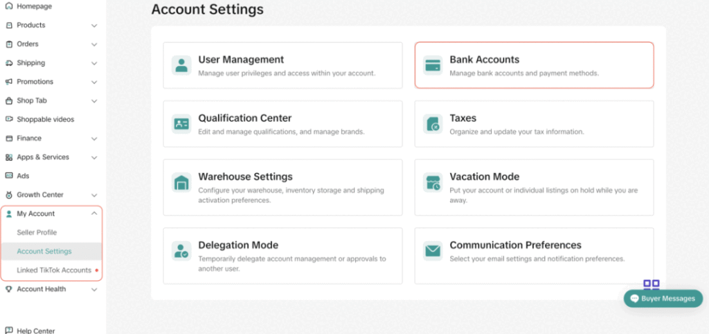 add bank accounts in tiktok shop