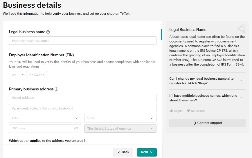 business details for tiktok shop