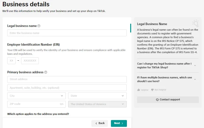 business details for tiktok shop