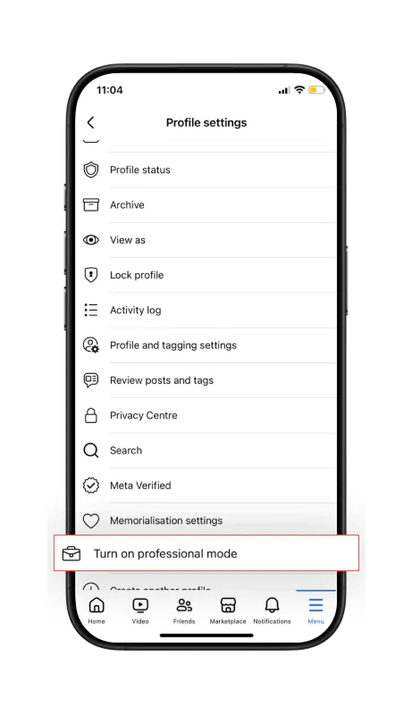 Select “Switch to Professional Mode” from the long list of menu.
