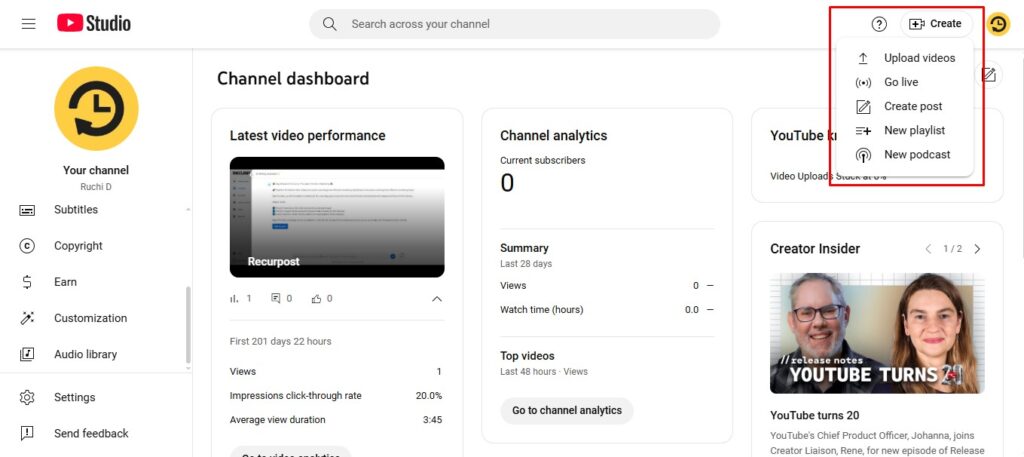 Manage Content in YouTube Studio-Uploading Videos