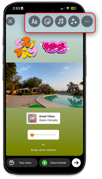 add filters text stickers or music