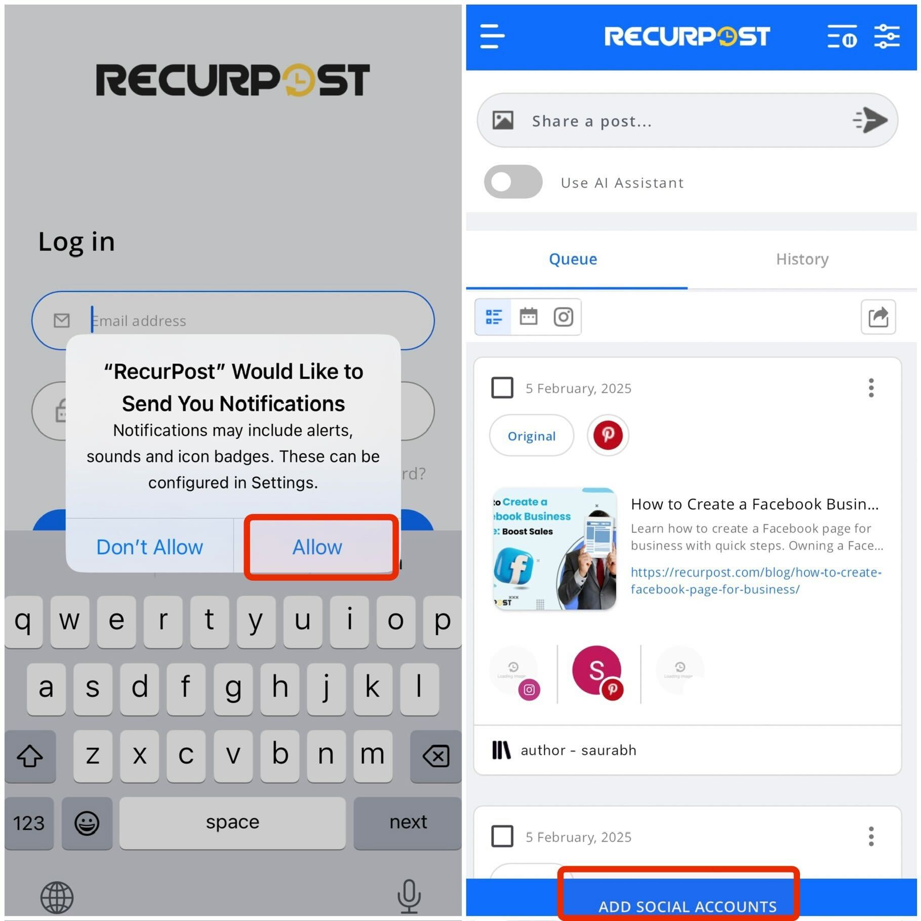 Login To RecurPost and add social accounts for Schedule Instagram Posts on Personal Account