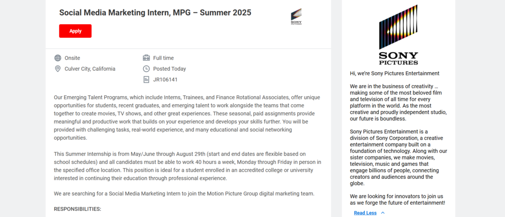 Sony Pictures Entertainment- Summer Social Media Internships