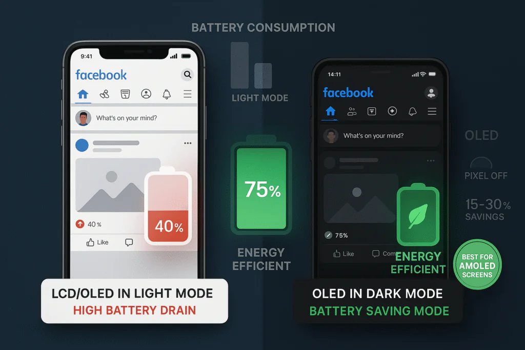  a split-screen infographic showing the battery-saving advantages of Facebook Dark Mode on mobile devices with OLED/AMOLED screens.• On the left half, show a smartphone with the Facebook Light Mode interface (white background), and next to it, a battery icon at 40%, fading or draining with a red warning.
• On the right half, show the same phone running Facebook Dark Mode (dark gray/black background), with a battery icon at 75%, glowing green, labeled “Energy Efficient”.•  a floating label under each phone screen:Left: LCD/OLED in Light Mode – High Battery DrainRight: OLED in Dark Mode – Battery Saving Mode•  a small graph or bar visual above the phones showing Battery Consumption: Light Mode vs Dark Mode — Light Mode bar should be taller.• Background:  a subtle dark blue gradient.  icons or ghosted text like: “OLED”, “Pixel Off”, “15–30% Savings” near the Dark Mode phone for context.• Optional: Add a glowing green badge that says: “Best for AMOLED Screens”.ð¨ Color Palette:Light Mode: White (#FFFFFF), Red (#FF3B30), Gray (#A0A0A0)Dark Mode: Black/Dark Gray (#18191A), Green (#34C759), Blue (#1877F2)Background: Soft gradient from Deep Gray to Navy Blueð§  Visual Feel: Tech-savvy, clean, modern. Clear and educational with smartphone UI realism.”