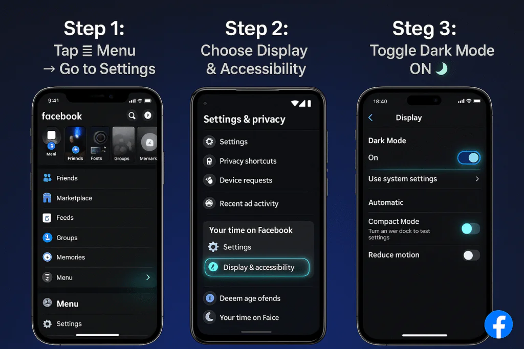 Vertical visual tutorial featuring 2–3 mobile screen mockups inside realistic iPhone and Android device frames. Each screen displays a specific step for enabling dark mode on Facebook’s mobile app and browser. The layout is clean and minimal, with each mockup vertically stacked and clearly labeled. Screens show step-by-step navigation, including tapping the menu icon, selecting 'Settings & Privacy,' accessing 'Dark Mode,' and choosing the preferred mode option. The overall design emphasizes clarity and ease of use.