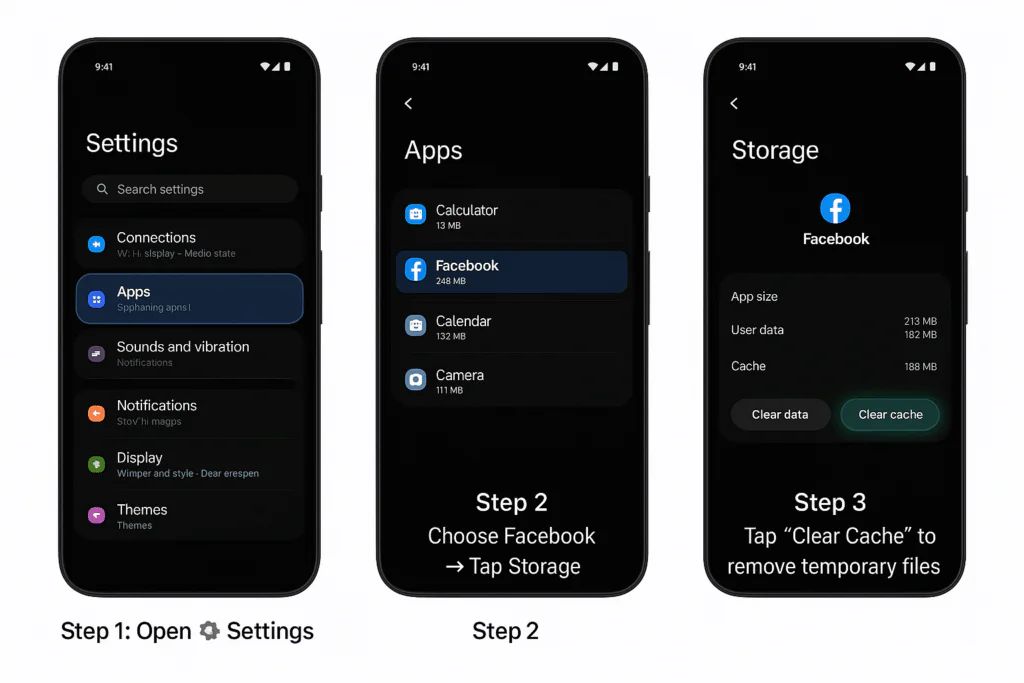 Vertical step-by-step visual with 3 Android mobile screen mockups stacked inside realistic dark-frame smartphone outlines. Each screen is set against a dark mode background (OLED black or charcoal gray) with subtle shadows for depth. Step 1 shows the Android 'Settings ></noscript> Apps' menu, with 'Settings' and 'Apps' highlighted in Meta Blue. Step 2 displays the 'Facebook App Info' screen with the 'Storage' option selected. Step 3 focuses on the 'Storage' screen, where the 'Clear Cache' button is highlighted with a soft green glow. Each screen has an overlay label in clean white sans-serif font: 'Step 1: Open ⚙️ Settings → Apps', 'Step 2: Choose Facebook → Tap Storage', and 'Step 3: Tap “Clear Cache” to remove temporary files'. The layout is clean and minimalist, accurately mimicking the Android interface.