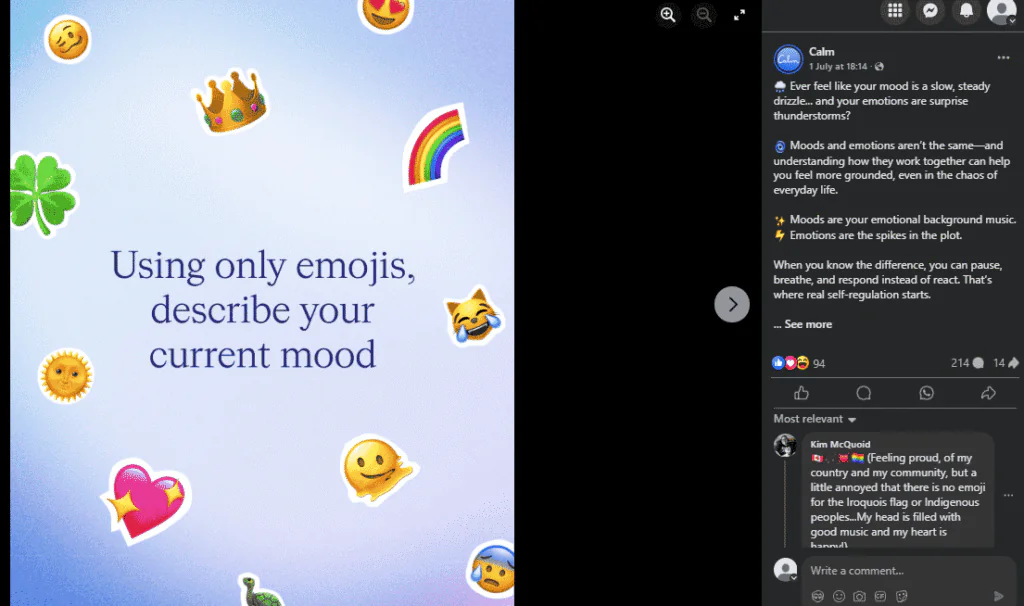 Screenshot of the Facebook post from CALM