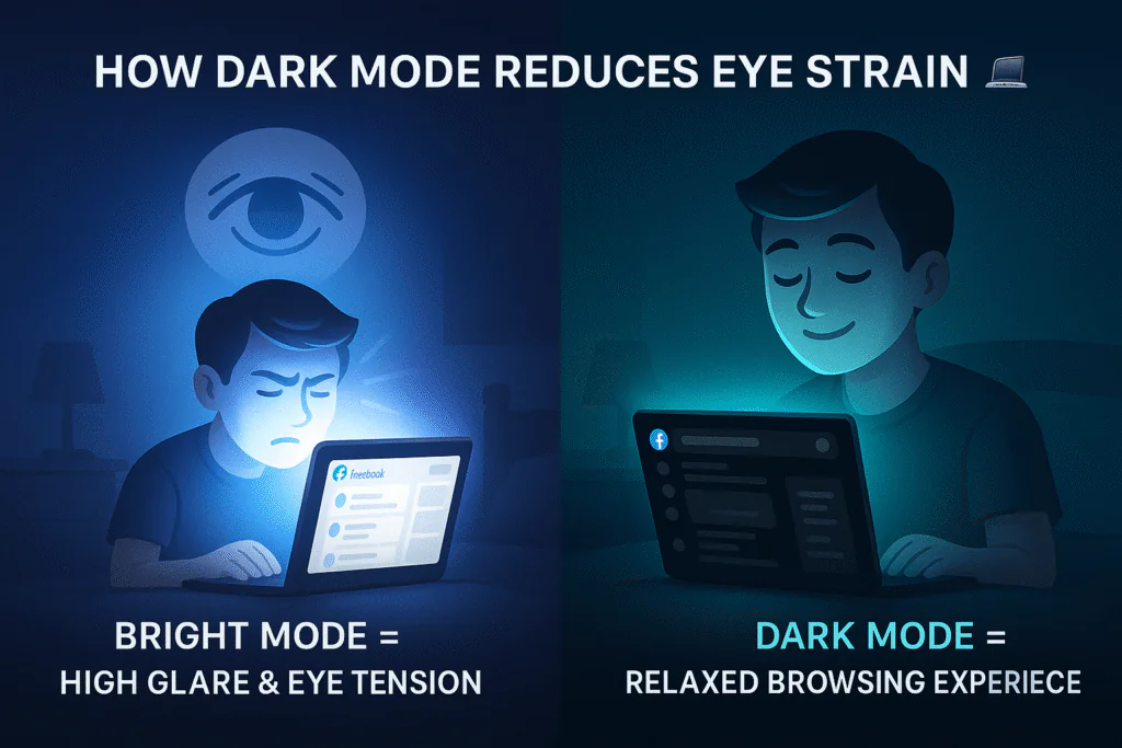 a horizontal split-screen image with a fully rendered background (no transparency). Ensure the background includes rich gradients and realistic shadows—do not use transparent or alpha layers.ð² Left side:Scene: A person in a dimly lit bedroom at night using a laptop.Screen: Bright white Facebook interface.Effects: Intense screen glare using a white glow, harsh blue highlights (#4A90E2), and light spilling onto the user's face.Overlay: A semi-transparent squinting eye icon, with radiating tension lines to show eye discomfort.Label (bottom or top left): “Bright Mode = High Glare & Eye Tension”ð² Right side:Same room setup and person posture.Screen: Facebook in Dark Mode UI, with deep gray background (#18191A) and subtle content layout.Effects: Soft aqua-blue glow (#3DDC97) from the screen, calming ambient light.Overlay: A relaxed, smiling or soft half-closed eye icon with gentle curved lines.Label (bottom or top right): “Dark Mode = Relaxed Browsing Experience”ð Top Title (floating center or top border):Text: “How Dark Mode Reduces Eye Strain ð️ð»”Style: Light glow or soft blur shadow for comfort and contrast.ð¨ Visual Style Notes:Background: Use a radial gradient fading into shadows (avoid transparency).Scene realism: Combine UI elements with environment lighting.Font: Clean sans-serif (Roboto or Inter style).both sides clearly distinct in tone but visually unified.
