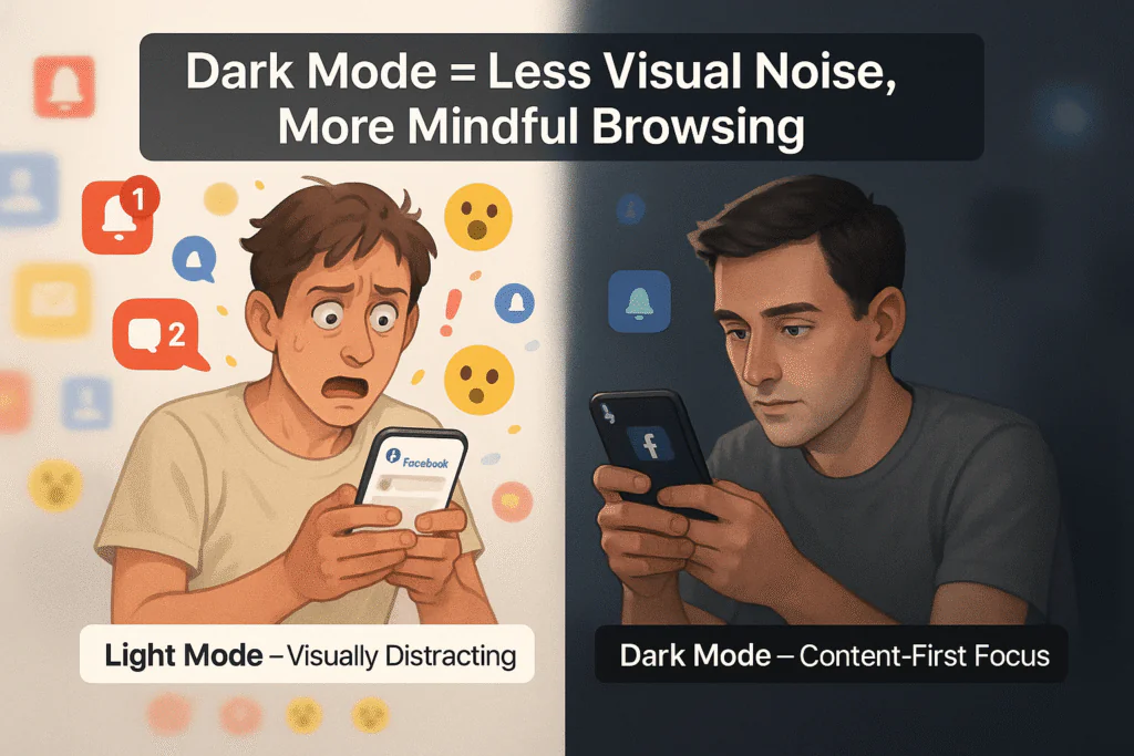 a visually engaging side-by-side or layered scene showing the difference in user focus between Light Mode and Dark Mode on Facebook.