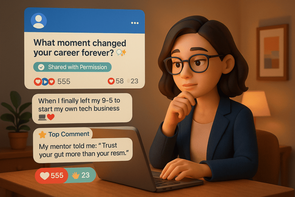  a 3D cartoon-style scene of a thoughtful business avatar (female, late 30s) seated at a desk with warm lighting, typing reflectively into a laptop. Show a Facebook-style post UI floating above her with the prompt: 'What moment changed your career forever? ð¬✨'Below the post, show 2–3 floating comment bubbles like:'When I finally left my 9–5 to start my own tech business ð»❤️''My mentor told me: 