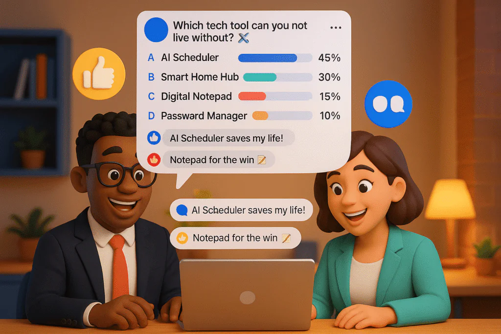 a 3D cartoon-style scene showing two diverse business avatars (one male, one female) looking at a laptop screen together, smiling as they participate in a Facebook poll. Display a floating Facebook-style post UI above the laptop that reads: 'Which tech tool can you not live without? ð ️ð»'Below the question, include a poll-style list of options:A) AI SchedulerB) Smart Home HubC) Digital NotepadD) Password Manager
emoji overlays like ðð¥ð¬ and real-time poll bars beside each option (e.g., A: 45%, B: 30%, etc.). Add sample comments like 'AI Scheduler saves my life!' and 'Notepad for the win ð'. In the background, depict a cozy office with soft lighting and a tech-friendly vibe.
Meta Blue (#1877F2)Coral Red (#FF6B6B)Aqua Green (#3DDC97)Soft Yellow (#FFD166)
