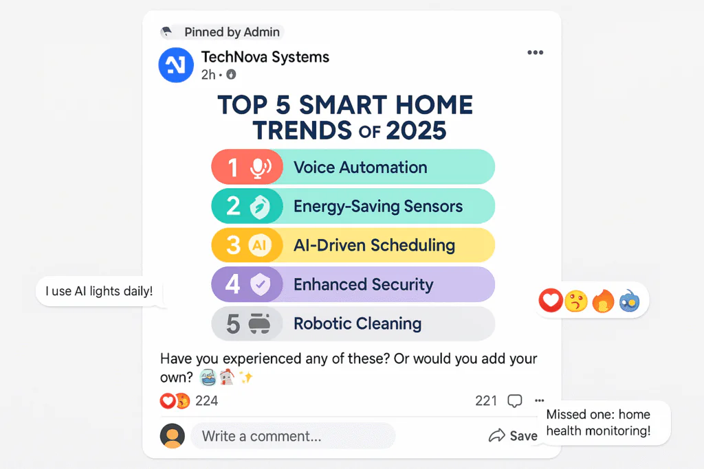 A 3D-style mockup of a Facebook Group post UI in light mode. The post is from a fictional tech brand called TechNova Systems inside a group titled 'Future of Smart Tech'. The post includes a colorful, minimal infographic titled 'Top 5 Smart Home Trends of 2025' with icons for each point (e.g., voice automation, energy-saving sensors, AI-driven scheduling, etc.). Below the infographic, show a caption that reads: 'Have you experienced any of these? Or would you add your own? ð¤ð ✨'floating reactions (❤️ð¤ð¥ð¬), a “Pinned by Admin” tag at the top, and sample comment bubbles like: 'I use AI lights daily!' and 'Missed one: home health monitoring!'. Include share and save icons to show that it’s a high-value post.a clear Facebook Group layout: white card with light gray border, Meta Blue highlights, and group name at the top. Accent with Coral (#FF6B6B), Aqua Green (#3DDC97), Yellow (#FFD166), and Lavender Gray (#CED4DA). Keep the infographic clean, bold, and vertically structured. The mood should feel educational, engaging, and community-driven.