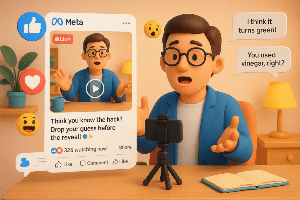  a 3D cartoon-style scene showing a business avatar (gender-neutral, 30s) sitting in a casual setup—home office or cozy desk—recording a video with a smartphone mounted on a mini tripod. The avatar looks mid-sentence, expressive, and natural (not posed). On a floating screen in front, show a Facebook post with a video preview—thumbnail showing the avatar speaking, play button visible, and video caption that reads: 'Mini Hack Alert! Can you guess what happens next?'.Around the Facebook video frame, include floating emoji reactions (ð❤️ð®ð), comment bubbles with replies like: 'I think it turns green!' or 'You used vinegar, right?', and a live viewer count icon (e.g., '326 watching now'). subtle icons for 'Live', 'Comment', and 'Like' on the video panel. The background is warm and inviting, with a pastel gradient or soft beige wall. Use brand-friendly colors: Meta Blue (#1877F2), Coral (#FF6B6B), Aqua Green (#3DDC97), and Soft Yellow (#FFD166). The whole image is interactive, friendly, and very human