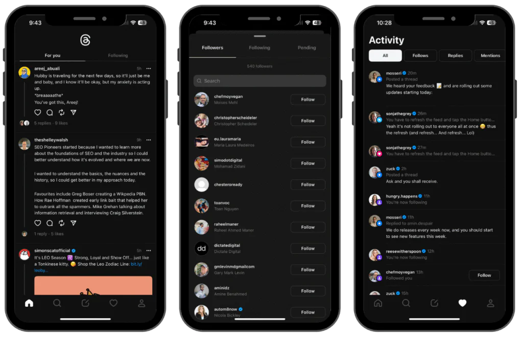 For you feed - Following Feed in Meta Threads