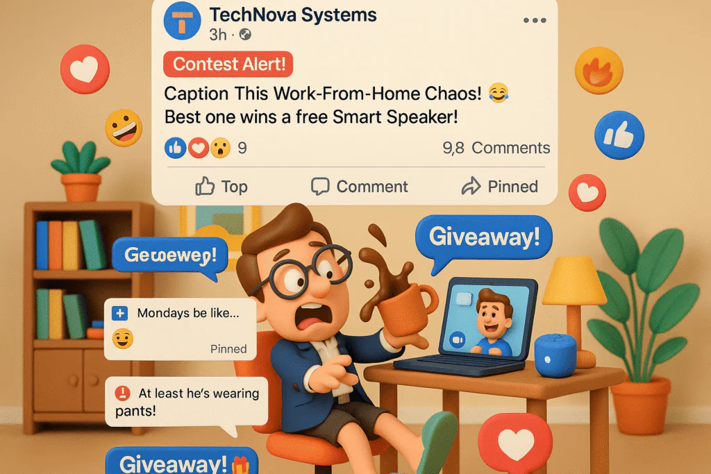 A 3D cartoon-style scene of a fictional tech brand called TechNova Systems running a Facebook giveaway contest. Show a funny post image where a business avatar is caught mid-action during a funny remote work moment (like spilling coffee while on a video call, or wearing slippers with a blazer). Floating above the scene, show a Facebook post UI mockup with the caption: 'Caption This Work-From-Home Chaos! ð Best one wins a free Smart Speaker!'.emoji overlays like ð❤️ð¥ð¬ and a red banner on the post that says 'Contest Alert!'. Show floating user comments like 'Mondays be like… ð' and 'At least he’s wearing pants!'. Add icons or visual tags like 'Top Comment', 'Pinned', and a digital sticker that says 'Giveaway! ð'.lively background—like a colorful home office or living room. Use your consistent color palette: Meta Blue (#1877F2), Coral (#FF6B6B), Soft Yellow (#FFD166), Aqua Green (#3DDC97), and a warm beige background. The tone should be fun, highly shareable, and visually packed with energy.