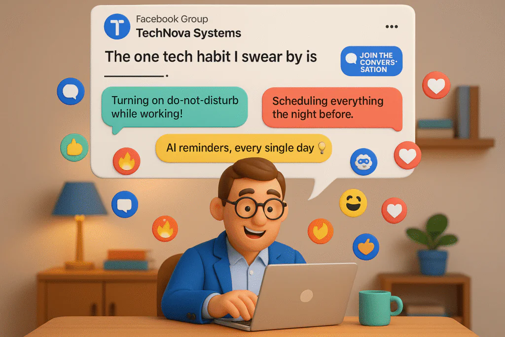 a 3D cartoon-style scene inside a Facebook Group post for a fictional tech brand called TechNova Systems. Show an expressive business avatar (male, mid-30s) with his laptop open, typing a reply with a smile.A Facebook Group-style post UI above him with the prompt: 'The one tech habit I swear by is ______.'2–3 floating comment bubbles like: 'Turning on do-not-disturb while working!', 'Scheduling everything the night before.', and 'AI reminders, every single day ð¡'.Include emoji overlays like ð¬ð¥ð¤❤️ and a “Join the Conversation” badge on the top right of the post.Use a cozy home-office background with ambient lighting and light tech props. Keep colors aligned with your palette: Meta Blue (#1877F2), Coral Red (#FF6B6B), Aqua Green (#3DDC97), Soft Yellow (#FFD166), and a warm neutral background (beige or pastel gray).