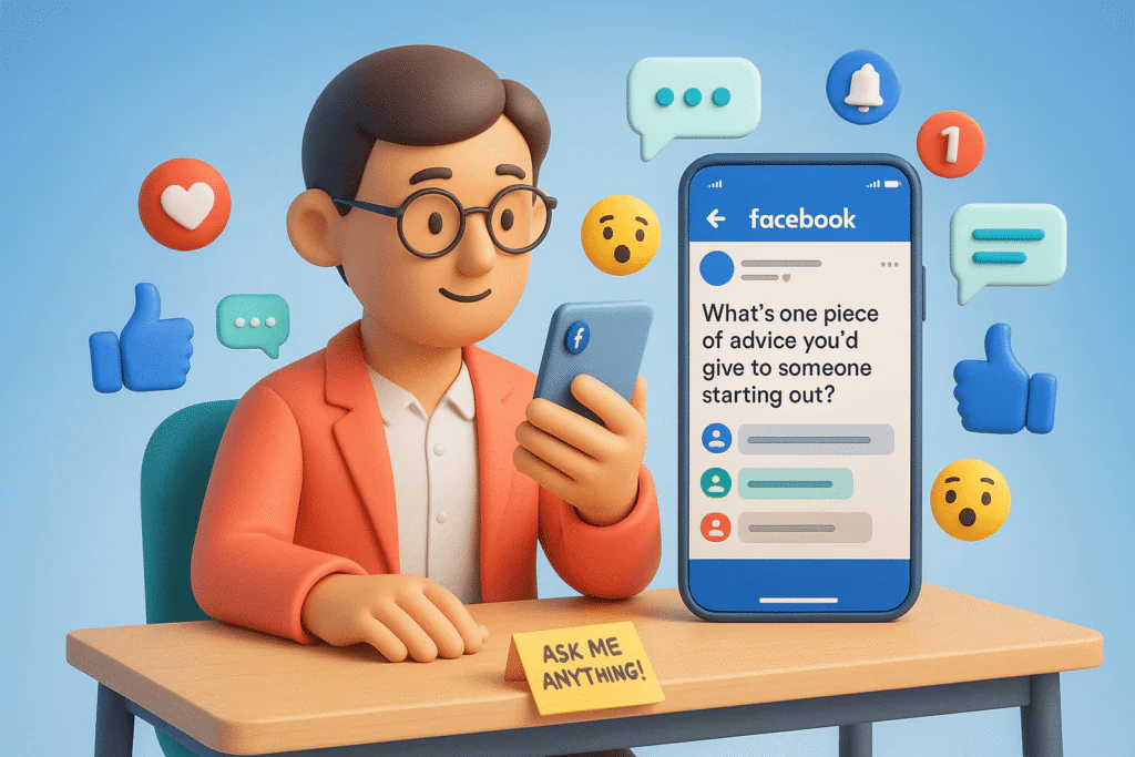 Facebook post ideas
a 3D cartoon-style scene with a business avatar (gender-neutral, mid-30s) sitting at a modern desk using a smartphone. The phone screen clearly shows a Facebook post UI with a question like: 'What’s one piece of advice you'd give to someone starting out?' Floating around the screen are emoji reactions (❤️ ð ð®), light chat bubbles with user replies, and Facebook notification icons. Add 3D-style thumbs-up icons and a small sticky note on the desk that says 'Ask Me Anything!'. Background should be soft gradient blue-to-white. Use a professional yet fun color palette: Meta Blue, Coral, Yellow, and Aqua Green. The overall look should feel playful, polished, and socially engaging.