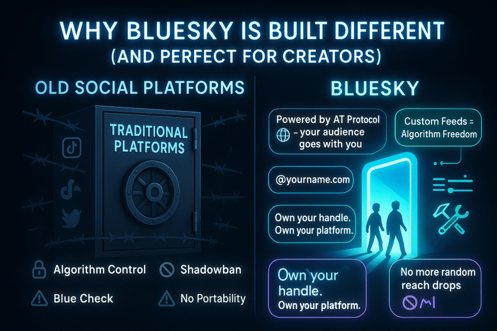 A split-screen infographic titled “Why Bluesky is Built Different (And Perfect for Creators) ð” appears in glowing soft white text with a neon sky-blue glow, centered at the top against a midnight blue background.Left Side – 