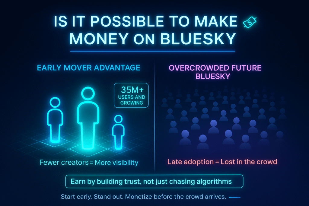 A futuristic digital infographic titled “You Can Make Money on Bluesky ð¸” appears at the top center in bold white glowing text with a subtle neon underline. The background is a deep midnight blue. The layout is split vertically:Left Side (