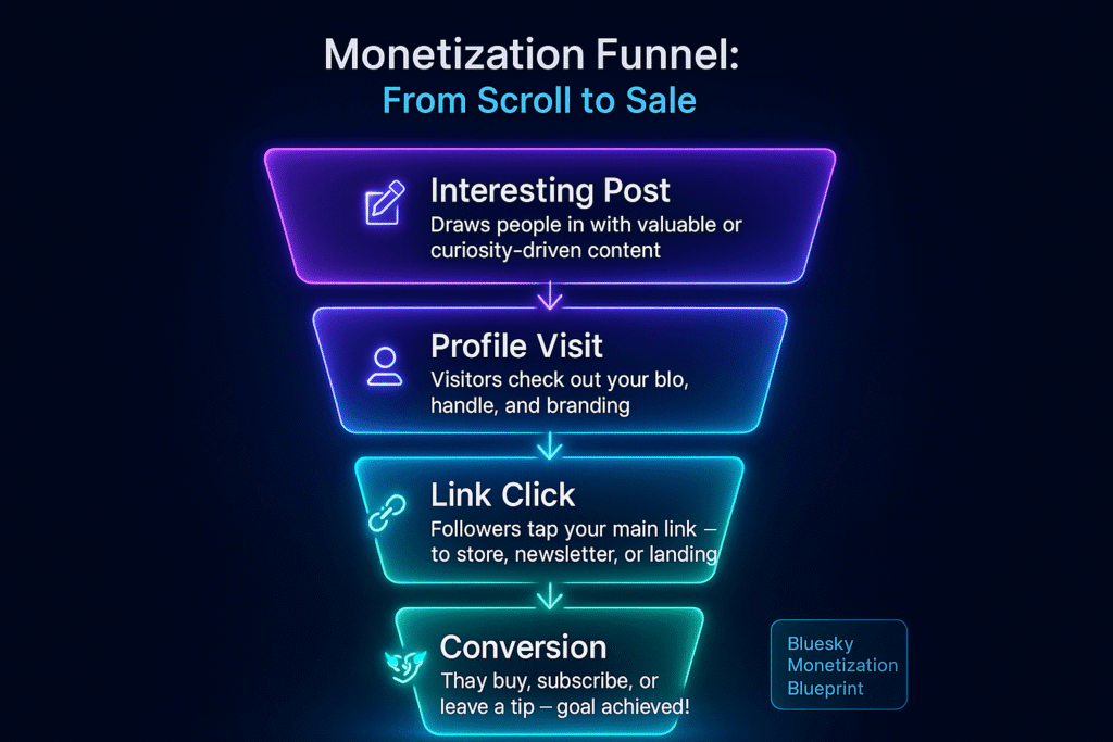 A vertically stacked, futuristic UI-style funnel diagram titled “Monetization Funnel: From Scroll to Sale” appears at the top in soft white text with a subtle electric glow, centered against a midnight blue background.The funnel consists of four glowing neon slabs, stacked vertically in descending size, each with transparent depth and mint-green or sky-blue neon edges. Soft electric violet gradients highlight the transitions.ð½ Funnel Layers (Top to Bottom):
Top Layer – “Interesting Post”Icon: ✍️ or ð¬Subtext: “Draws people in with valuable or curiosity-driven content”Color: Sky blue glowShape: Wide slab with subtle animated glowSecond Layer – “Profile Visit”Icon: ð️ or ð¤Subtext: “Visitors check out your bio, handle, and branding”Accent: Mint green neon borderSlightly narrower with neon transition lines connecting downwardThird Layer – “Link Click”Icon: ð or ð²Subtext: “Followers tap your main link — to store, newsletter, or landing page”Color: Electric violet glowTranslucent slab with glowing directional arrow belowBottom Layer – “Conversion”Icon: ð¸ or ✅Subtext: “They buy, subscribe, or leave a tip — goal achieved!”Shape: Narrowest slab at the bottom with soft isometric glow beneathDesign Enhancements:Animated-style arrows between layers glow and pulse vertically, symbolizing progress.A floating badge in the bottom right corner reads “Bluesky Monetization Blueprint”, styled like a UI chip.The entire diagram resembles a sleek digital funnel dashboard with minimal distractions, glowing transitions, and creator-centric UI aesthetics.