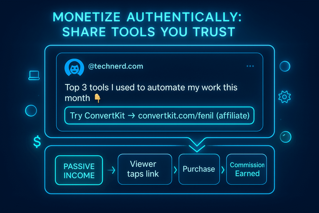 a sleek, futuristic digital illustration showcasing how affiliate links can generate income through Bluesky. Use a dashboard-style interface with glowing UI panels and a creator feed mockup.
