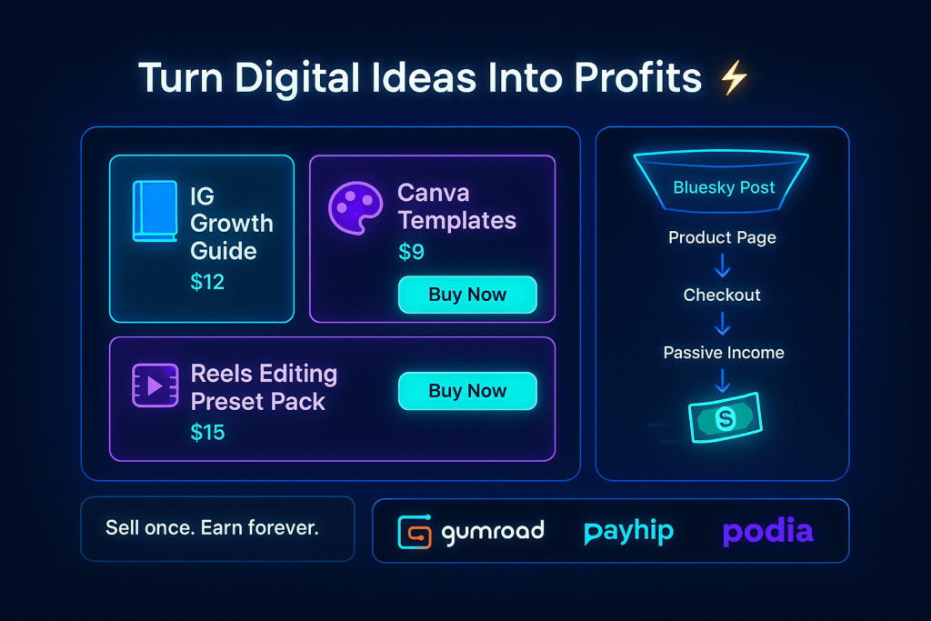 a futuristic digital storefront interface showing how a creator sells digital products on Bluesky. The scene should depict a glowing UI dashboard with digital items for sale (like eBooks, templates, guides) and integration with platforms like Gumroad and Payhip.

