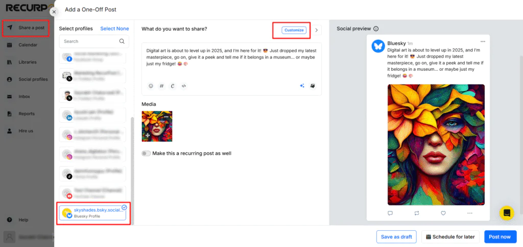 Share a post on bluesky with recurpost