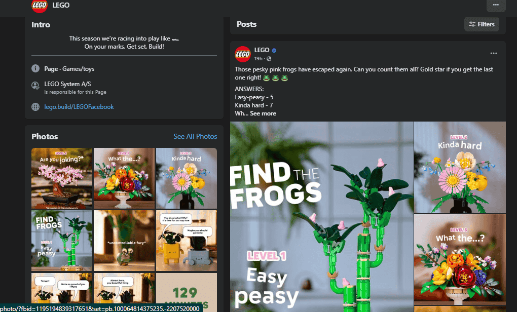 Screenshot of interactive facebook posts from lego
