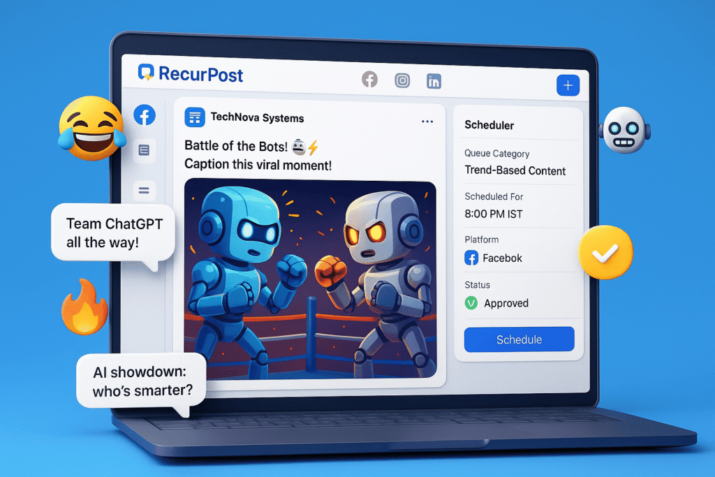 a vibrant 3D-style mockup showing a RecurPost social media management dashboard on a laptop screen. The screen displays a Facebook post editor inside RecurPost for a fictional tech company called TechNova Systems. The post is part of a trend-based campaign, featuring a cartoon image of two AI robots in a boxing ring with glowing eyes and circuit sparks, facing off. The caption above the image says: 'Battle of the Bots! ð¤⚡ Caption this viral moment!'. Surround the post with emoji overlays like ðð¥ð¬ð¤ and include 2-3 floating comment bubbles like 'Team ChatGPT all the way!' or 'AI showdown: who’s smarter?'.On the right side of the RecurPost interface, show a scheduler panel with:Queue Category: Trend-Based ContentScheduled For: 8:00 PM ISTPlatform: FacebookStatus: ✅ ApprovedRecurPost branding (logo in corner or tab name), and show additional platform icons (Facebook, Instagram, LinkedIn) above the scheduler. Use a Facebook-style UI: white background, light gray outlines, Meta Blue buttons. Accent with Coral (#FF6B6B), Aqua Green (#3DDC97), Yellow Gold (#FFD166). Keep the overall tone techy, engaging, and visually sharp. The goal is to show how RecurPost empowers brands to jump on trends and drive high engagement.