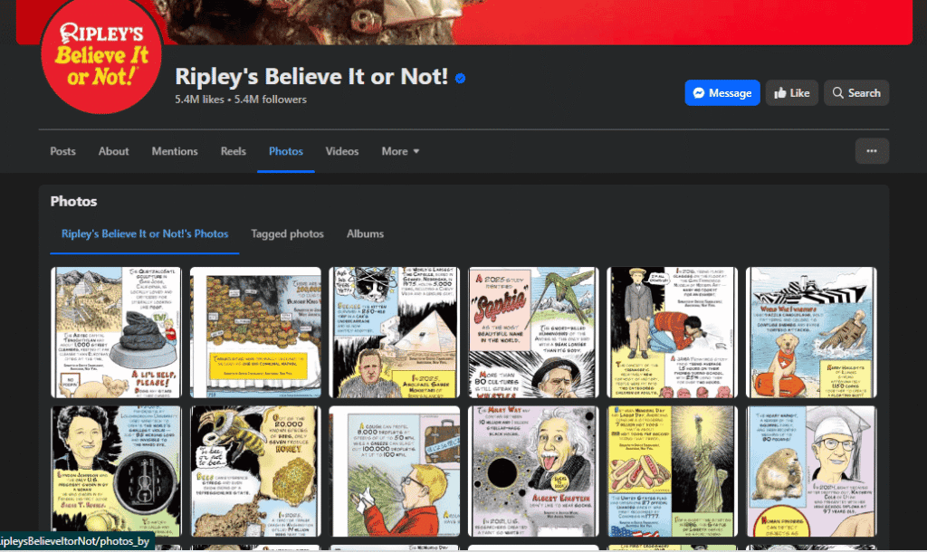 Screenshot of the facebook profile of Ripley's Believe It or Not