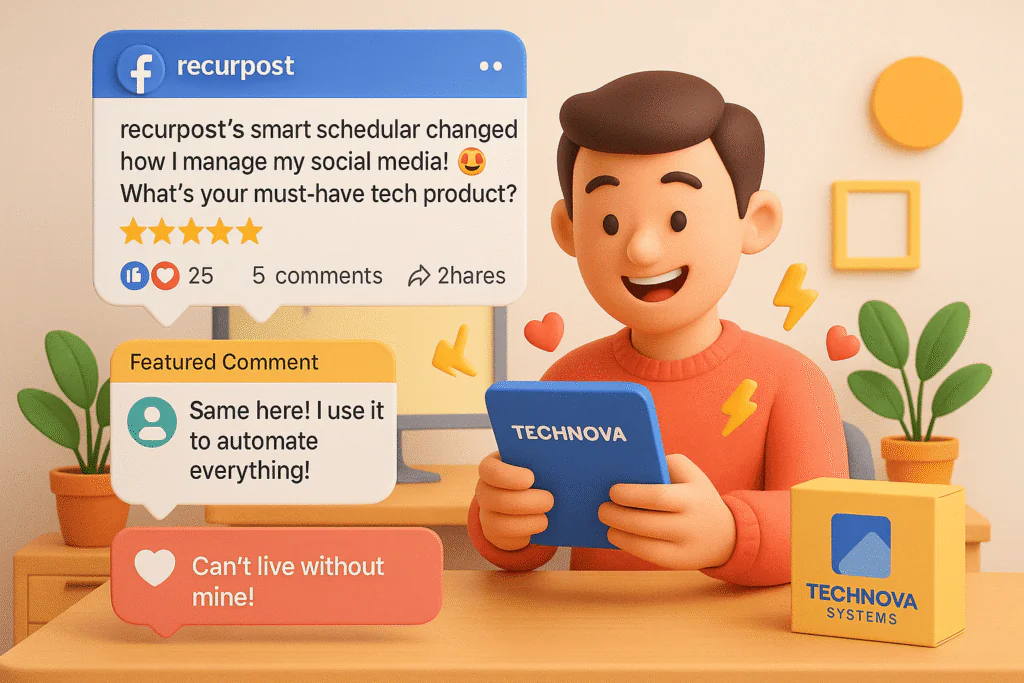 a 3D cartoon-style scene showing a happy customer avatar sitting at a desk using a smart device from a fictional tech brand called TechNova Systems. Show the product box or branding subtly in the scene (e.g., on the screen or packaging). Floating above the scene is a Facebook-style post UI showing a testimonial from the customer that reads: 'recurpost's smart hub changed how I manage my day! ð What’s your must-have tech product?'
emoji overlays like ❤️ð¬ð¥⚡ and include 2–3 floating comment bubbles with responses such as: 'Same here! I using it to automate everything!' and 'Can’t live without mine!'. visual elements like star ratings, a small quote icon, and a 'Featured Comment' badge.The background is warm and modern—maybe a cozy tech workspace or a minimal living room setup. Use your consistent color palette: Meta Blue (#1877F2), Coral (#FF6B6B), Soft Yellow (#FFD166), Aqua Green (#3DDC97), with a neutral backdrop (off-white or pastel gray). The tone should feel trustworthy, friendly, and community-driven.
